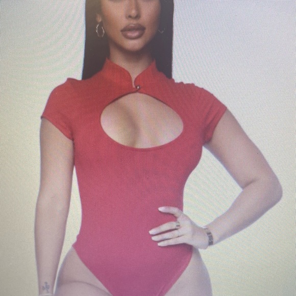 Tops - Bodysuit Red, short sleeve , mock neck, snap bottom closure, 95% polyester